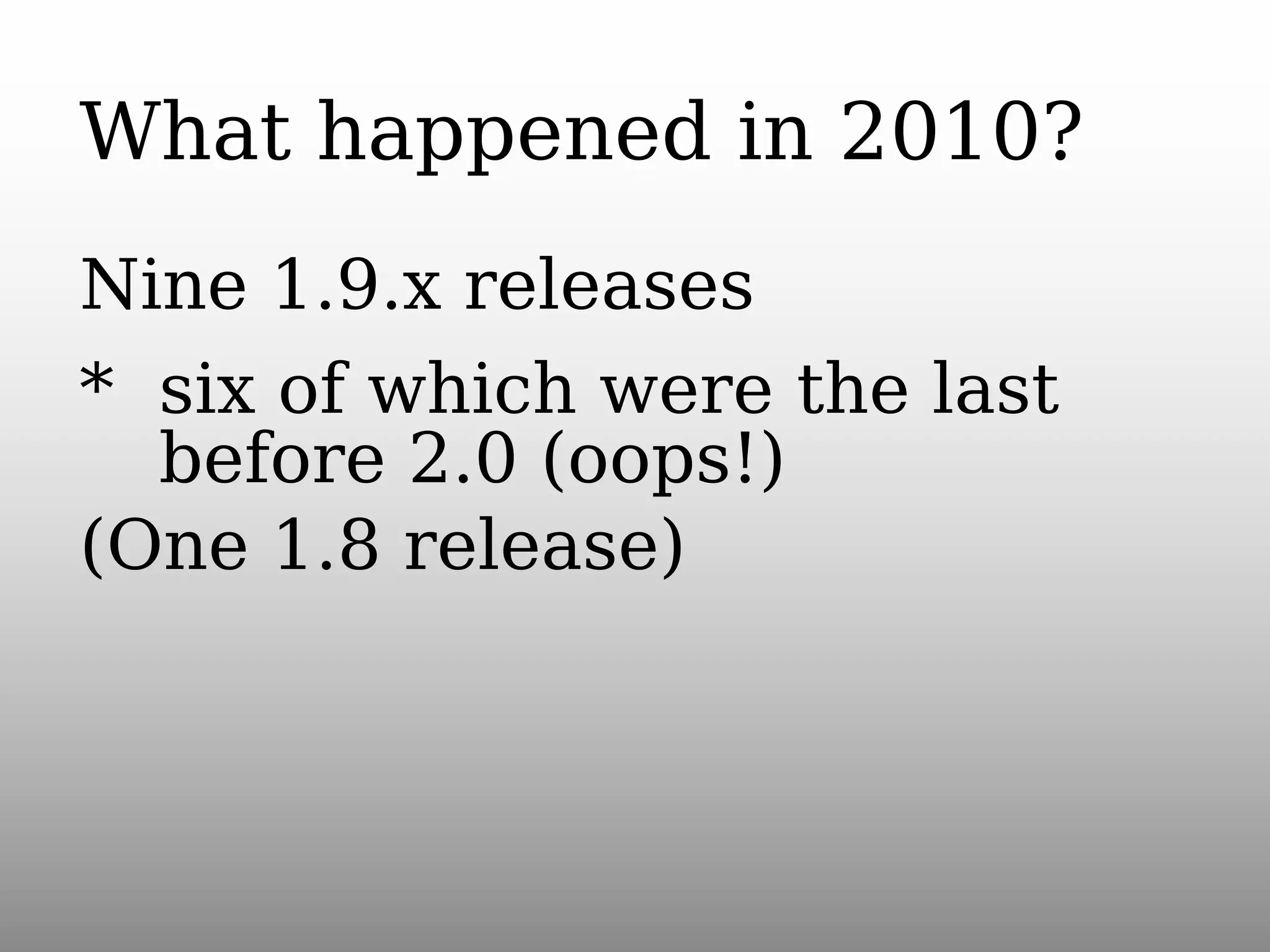 What happened in 2010?
Nine 1.9.x releases
* six of which were the last
before 2.0 (oops!)
(One 1.8 release)

 