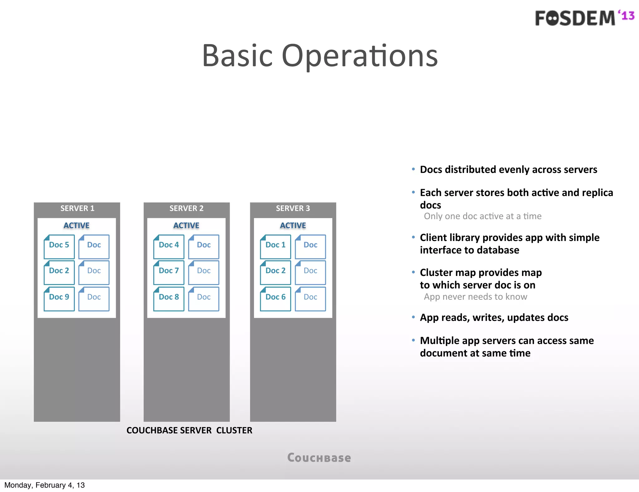 Basic	
  OperaJons


                                                                                      • Docs	
  distributed	
  evenly	
  across	
  servers	
  

                                                                                      • Each	
  server	
  stores	
  both	
  acYve	
  and	
  replica	
  
                SERVER	
  1                SERVER	
  2                  SERVER	
  3     docs
                                                                                         Only	
  one	
  doc	
  ac7ve	
  at	
  a	
  7me
                 ACTIVE                     ACTIVE                       ACTIVE
                                                                                      • Client	
  library	
  provides	
  app	
  with	
  simple	
  
            Doc	
  5     Doc           Doc	
  4    Doc              Doc	
  1    Doc
                                                                                        interface	
  to	
  database
            Doc	
  2     Doc           Doc	
  7    Doc              Doc	
  2    Doc   • Cluster	
  map	
  provides	
  map	
  
                                                                                        to	
  which	
  server	
  doc	
  is	
  on
            Doc	
  9     Doc           Doc	
  8    Doc              Doc	
  6    Doc      App	
  never	
  needs	
  to	
  know

                                                                                      • App	
  reads,	
  writes,	
  updates	
  docs

                                                                                      • MulYple	
  app	
  servers	
  can	
  access	
  same	
  
                                                                                        document	
  at	
  same	
  Yme




                               COUCHBASE	
  SERVER	
  	
  CLUSTER




Monday, February 4, 13
 