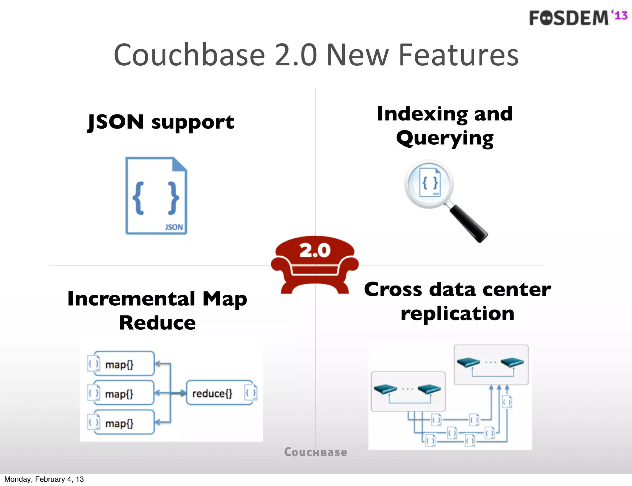 Couchbase	
  2.0	
  New	
  Features
                         JSON support            Indexing and
                                                   Querying




                 Incremental Map                Cross data center
                      Reduce                       replication




Monday, February 4, 13
 