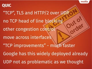 Packet loss, hey?
IP
UDP UDP UDP UDP UDP UDP
quic quic quic quic quic quic
TLS TLS TLS TLS TLS TLS
h2 h2 h2 h2 h2 h2
IP IP...