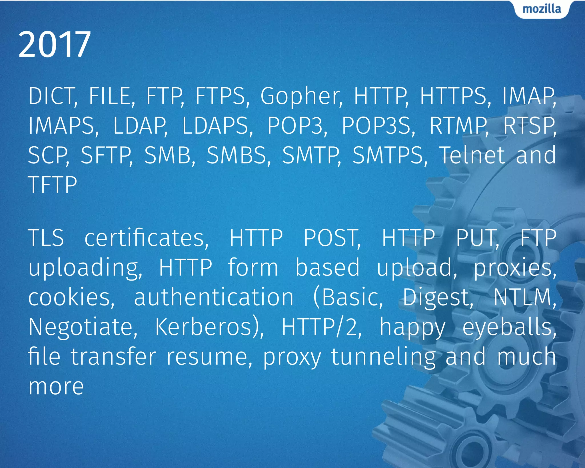2017
DICT, FILE, FTP, FTPS, Gopher, HTTP, HTTPS, IMAP,
IMAPS, LDAP, LDAPS, POP3, POP3S, RTMP, RTSP,
SCP, SFTP, SMB, SMBS, SMTP, SMTPS, Telnet and
TFTP
TLS certificates, HTTP POST, HTTP PUT, FTP
uploading, HTTP form based upload, proxies,
cookies, authentication (Basic, Digest, NTLM,
Negotiate, Kerberos), HTTP/2, happy eyeballs,
file transfer resume, proxy tunneling and much
more
 