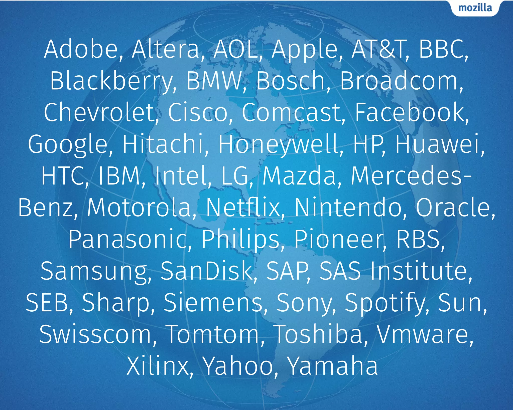 Adobe, Altera, AOL, Apple, AT&T, BBC,
Blackberry, BMW, Bosch, Broadcom,
Chevrolet, Cisco, Comcast, Facebook,
Google, Hitachi, Honeywell, HP, Huawei,
HTC, IBM, Intel, LG, Mazda, Mercedes-
Benz, Motorola, Netflix, Nintendo, Oracle,
Panasonic, Philips, Pioneer, RBS,
Samsung, SanDisk, SAP, SAS Institute,
SEB, Sharp, Siemens, Sony, Spotify, Sun,
Swisscom, Tomtom, Toshiba, Vmware,
Xilinx, Yahoo, Yamaha
 