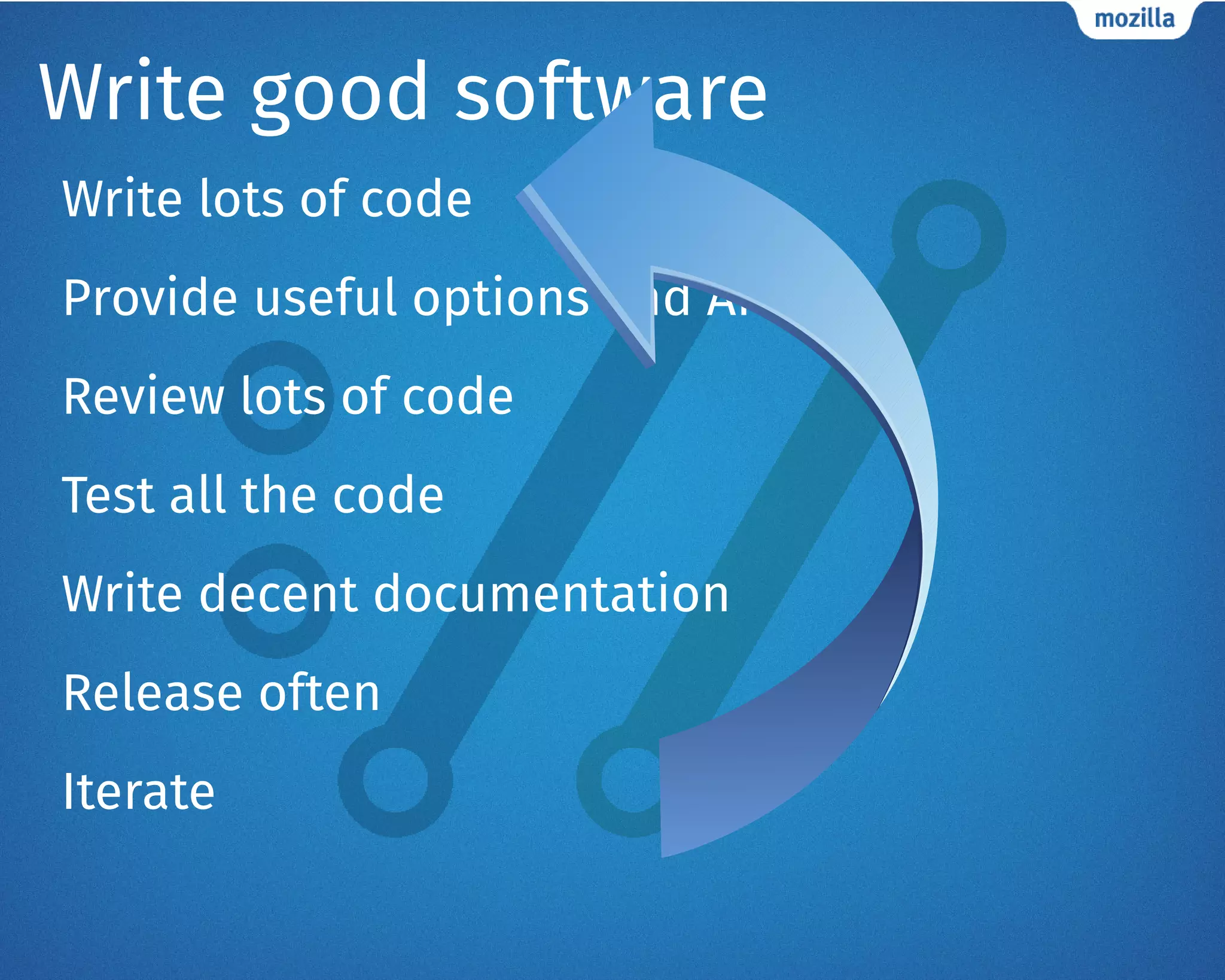 Write good software
Write lots of code
Provide useful options and APIs
Review lots of code
Test all the code
Write decent documentation
Release often
Iterate
 