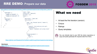 FOSDEM 2019RRE DEMO: Prepare our data
• At least the first iteration (version)
• Corpus
• Ratings
• Query templates
What w...