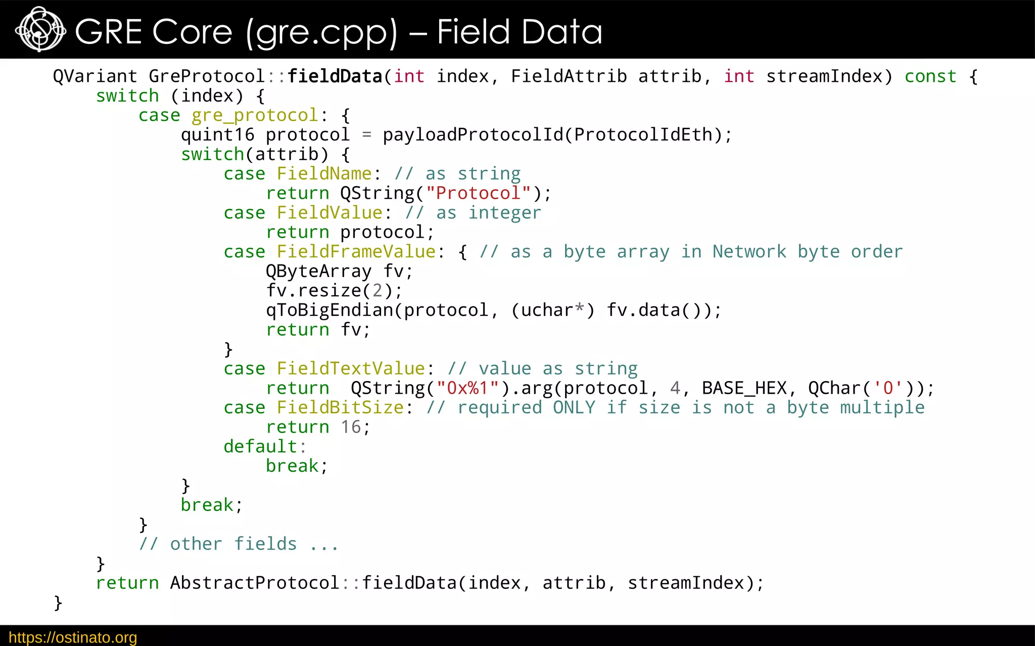 https://ostinato.org
GRE Core (gre.cpp) – Field Data
QVariant GreProtocol::fieldData(int index, FieldAttrib attrib, int streamIndex) const {
switch (index) {
case gre_protocol: {
quint16 protocol = payloadProtocolId(ProtocolIdEth);
switch(attrib) {
case FieldName: // as string
return QString("Protocol");
case FieldValue: // as integer
return protocol;
case FieldFrameValue: { // as a byte array in Network byte order
QByteArray fv;
fv.resize(2);
qToBigEndian(protocol, (uchar*) fv.data());
return fv;
}
case FieldTextValue: // value as string
return QString("0x%1").arg(protocol, 4, BASE_HEX, QChar('0'));
case FieldBitSize: // required ONLY if size is not a byte multiple
return 16;
default:
break;
}
break;
}
// other fields ...
}
return AbstractProtocol::fieldData(index, attrib, streamIndex);
}
 