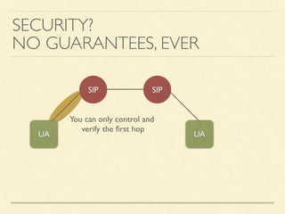 SECURITY?  
NO GUARANTEES, EVER
SIP SIP
UA UA
You can only control and 
verify the ﬁrst hop
 