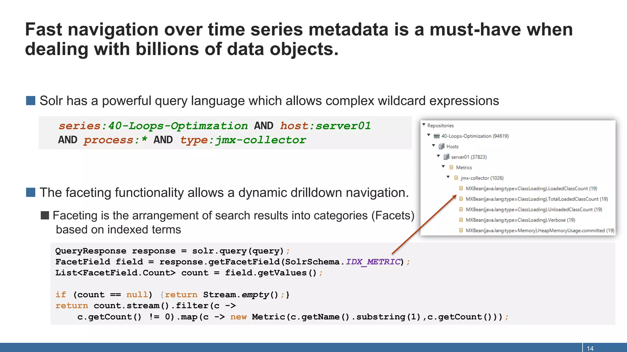 QueryResponse response = solr.query(query);
FacetField field = response.getFacetField(SolrSchema.IDX_METRIC);
List<FacetField.Count> count = field.getValues();
if (count == null) {return Stream.empty();}
return count.stream().filter(c ->
c.getCount() != 0).map(c -> new Metric(c.getName().substring(1),c.getCount()));
Fast navigation over time series metadata is a must-have when
dealing with billions of data objects.
14
■ Solr has a powerful query language which allows complex wildcard expressions
■ The faceting functionality allows a dynamic drilldown navigation.
■Faceting is the arrangement of search results into categories (Facets)
based on indexed terms
series:40-Loops-Optimzation AND host:server01
AND process:* AND type:jmx-collector
 