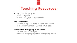 12
Teaching Resources
WebRTC for the Curious


- Vendor Agnostic


- Would love your help/feedback


Pion Interceptors


-...