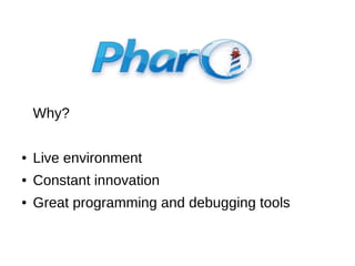 Why?
●

Live environment

●

Constant innovation

●

Great programming and debugging tools

 