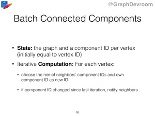 @GraphDevroom
Batch Connected Components
• State: the graph and a component ID per vertex
(initially equal to vertex ID)
• Iterative Computation: For each vertex:
• choose the min of neighbors’ component IDs and own
component ID as new ID
• if component ID changed since last iteration, notify neighbors
50
 
