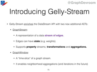 @GraphDevroom
Introducing Gelly-Stream
75
• Gelly-Stream enriches the DataStream API with two new additional ADTs:
• GraphStream:
• A representation of a data stream of edges.
• Edges can have state (e.g. weights).
• Supports property streams, transformations and aggregations.
• GraphWindow:
• A “time-slice” of a graph stream.
• It enables neighborhood aggregations (and iterations in the future)
 