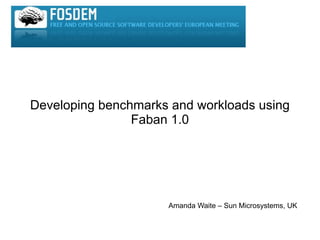 Developing benchmarks and workloads using
                Faban 1.0




                     Amanda Waite – Sun Microsystems, UK
 