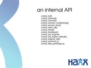 an internal API
 curlssl_init()
 curlssl_cleanup()
 curlssl_connect()
 curlssl_connect_nonblocking()
 curlssl_session_free()
 curlssl_close_all()
 curlssl_close()
 curlssl_shutdown()
 curlssl_set_engine()
 curlssl_set_engine_default()
 curlssl_engines_list()
 curlssl_version(x,y)
 curlssl_data_pending(x,y)
 