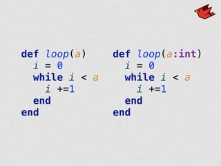 def loop(a) 
i = 0 
while i < a 
i +=1 
end 
end
def loop(a:int) 
i = 0 
while i < a 
i +=1 
end 
end
 