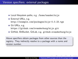 Version speciﬁers: external packages
Local ﬁlesystem paths, e.g. /home/sander/nijs
External URLs, e.g.
http://example.com/...