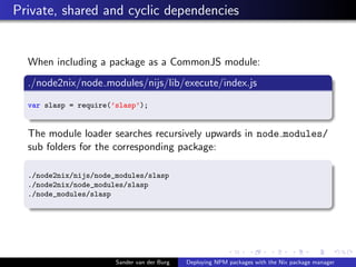 Private, shared and cyclic dependencies
When including a package as a CommonJS module:
./node2nix/node modules/nijs/lib/ex...