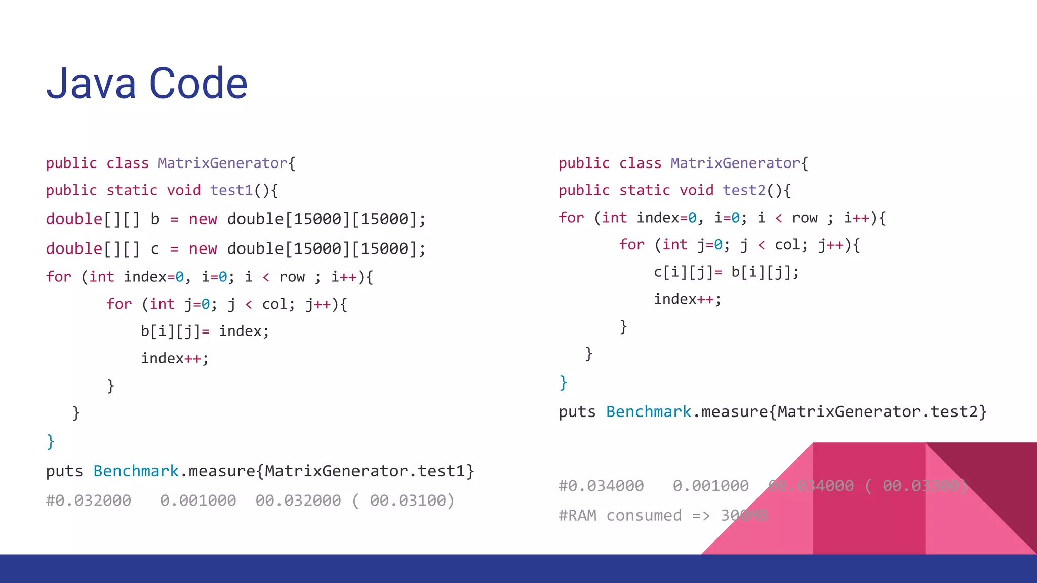 Java Code
public class MatrixGenerator{
public static void test2(){
for (int index=0, i=0; i < row ; i++){
for (int j=0; j < col; j++){
c[i][j]= b[i][j];
index++;
}
}
}
puts Benchmark.measure{MatrixGenerator.test2}
#0.034000 0.001000 00.034000 ( 00.03300)
#RAM consumed => 300MB
public class MatrixGenerator{
public static void test1(){
double[][] b = new double[15000][15000];
double[][] c = new double[15000][15000];
for (int index=0, i=0; i < row ; i++){
for (int j=0; j < col; j++){
b[i][j]= index;
index++;
}
}
}
puts Benchmark.measure{MatrixGenerator.test1}
#0.032000 0.001000 00.032000 ( 00.03100)
 