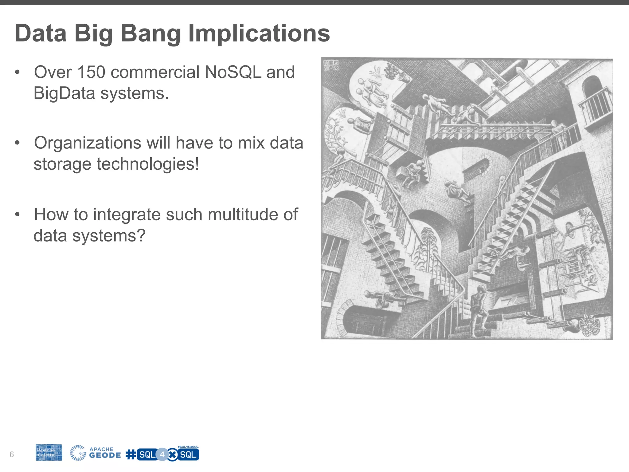 Data Big Bang Implications 6 •  Over 150 commercial NoSQL and BigData systems. •  Organizations will have to mix data storage technologies! •  How to integrate such multitude of data systems? 