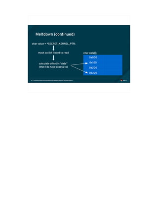 Exploiting modern microarchitectures: Meltdown, Spectre, and other attacks62
Meltdown (continued)
0x000
0x100
0x200
0x300
char data[];
char value = *SECRET_KERNEL_PTR;
mask out bit I want to read
calculate offset in “data”
(that I do have access to)
 