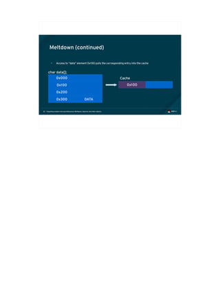 Exploiting modern microarchitectures: Meltdown, Spectre, and other attacks63
Meltdown (continued)
0x000
0x100
0x200
0x300 DATA
char data[];
0x100
Cache
• Access to “data” element 0x100 pulls the corresponding entry into the cache
 