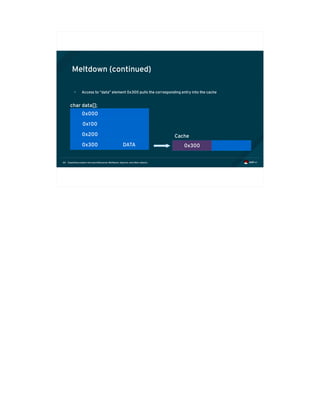 Exploiting modern microarchitectures: Meltdown, Spectre, and other attacks64
Meltdown (continued)
0x000
0x100
0x200
0x300 DATA
char data[];
0x300
Cache
• Access to “data” element 0x300 pulls the corresponding entry into the cache
 