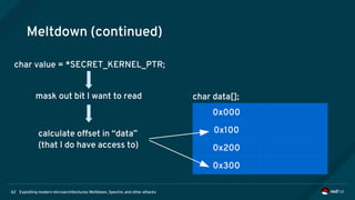 Exploiting modern microarchitectures: Meltdown, Spectre, and other attacks62
Meltdown (continued)
0x000
0x100
0x200
0x300
char data[];
char value = *SECRET_KERNEL_PTR;
mask out bit I want to read
calculate offset in “data”
(that I do have access to)
 