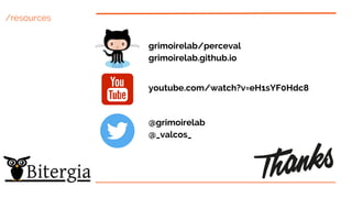 /resources
grimoirelab/perceval
grimoirelab.github.io
youtube.com/watch?v=eH1sYF0Hdc8
@grimoirelab
@_valcos_
 
