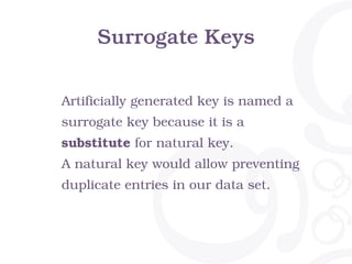 Surrogate Keys
Artificially generated key is named a
surrogate key because it is a
substitute for natural key.
A natural key would allow preventing
duplicate entries in our data set.
 