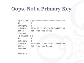 Oops. Not a Primary Key.
-[ RECORD 1 ]---------------------------
id | 3
category | 2
pubdate | 2018-03-12 15:15:02.384105+01
title | Hot from the Press
content |
-[ RECORD 2 ]---------------------------
id | 4
category | 2
pubdate | 2018-03-12 15:15:02.384105+01
title | Hot from the Press
content |
INSERT 0 2
 