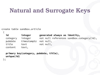 Natural and Surrogate Keys
create table sandbox.article
(
id integer generated always as identity,
category integer not null references sandbox.category(id),
pubdate timestamptz not null,
title text not null,
content text,
primary key(category, pubdate, title),
unique(id)
);
 