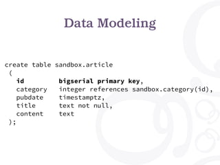 Data Modeling
create table sandbox.article
(
id bigserial primary key,
category integer references sandbox.category(id),
pubdate timestamptz,
title text not null,
content text
);
 