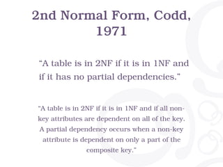 Third Normal Form, Codd, 1971
BCNF, Boyce-Codd, 1974
• A table is in 3NF if
it is in 2NF and if it
has no transitive
depen...