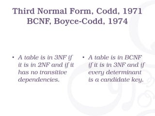 More Normal Forms
• Each level builds on the previous one.
• A table is in 4NF if it is in BCNF and if it has no multi-
va...