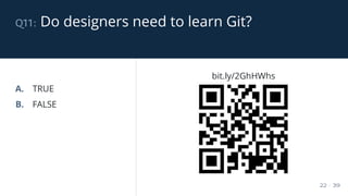 q11: Do designers need to learn Git?
22 / 39
A. TRUE
B. FALSE
bit.ly/2GhHWhs
 