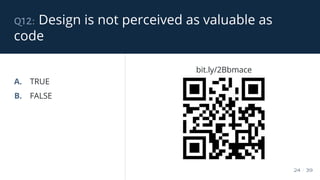 q12: Design is not perceived as valuable as
code
24 / 39
A. TRUE
B. FALSE
bit.ly/2Bbmace
 