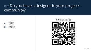 q2: Do you have a designer in your project’s
community?
4 / 39
A. TRUE
B. FALSE
bit.ly/2MIuF2S
 