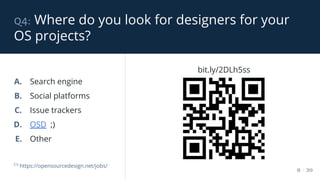 q4: Where do you look for designers for your
OS projects?
8 / 39
A. Search engine
B. Social platforms
C. Issue trackers
D. OSD ;)
E. Other
[1]
https://opensourcedesign.net/jobs/
bit.ly/2DLh5ss
 
