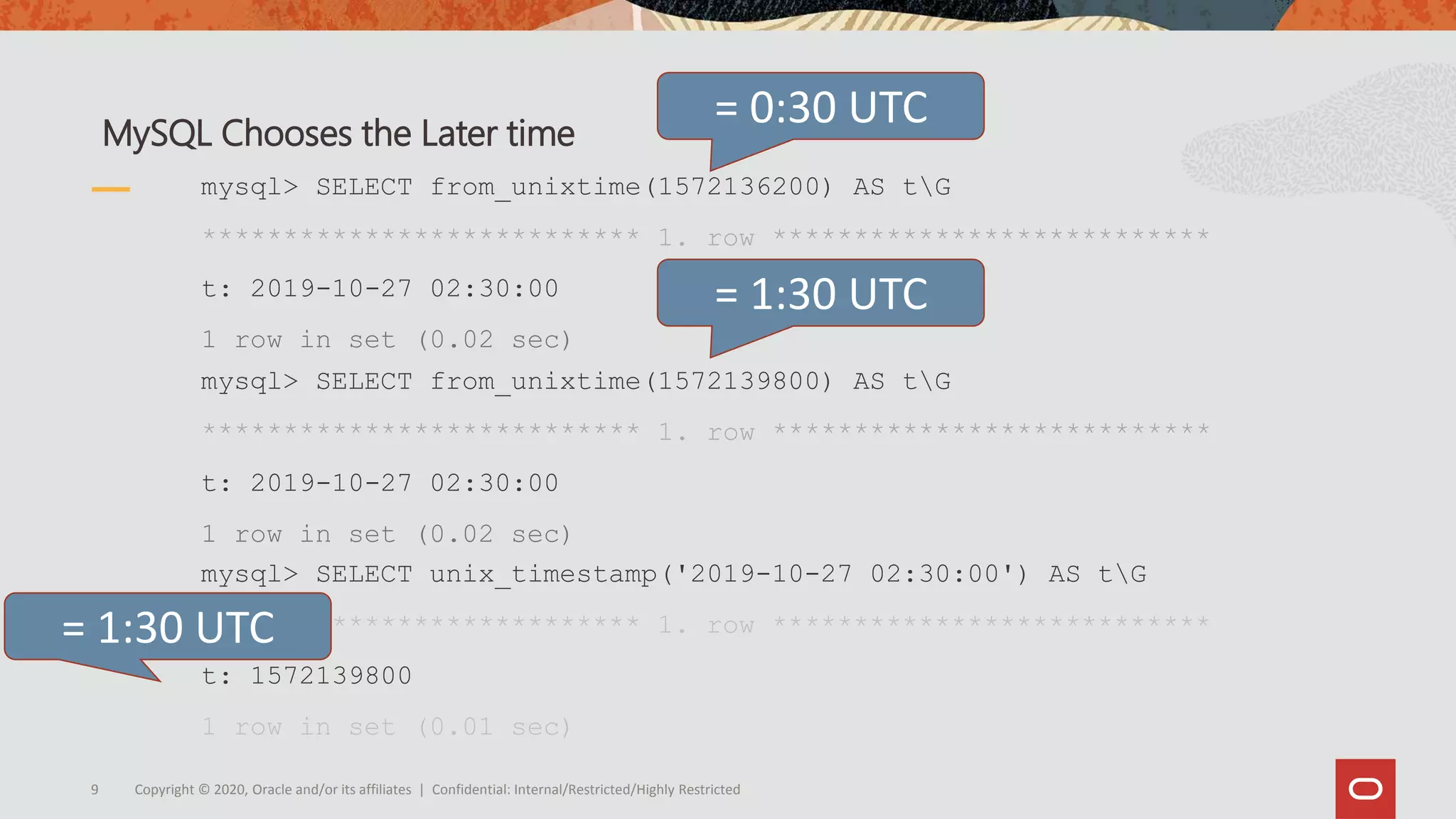 Copyright © 2020, Oracle and/or its affiliates | Confidential: Internal/Restricted/Highly Restricted9
mysql> SELECT from_unixtime(1572136200) AS tG
*************************** 1. row ***************************
t: 2019-10-27 02:30:00
1 row in set (0.02 sec)
MySQL Chooses the Later time
mysql> SELECT unix_timestamp('2019-10-27 02:30:00') AS tG
*************************** 1. row ***************************
t: 1572139800
1 row in set (0.01 sec)
mysql> SELECT from_unixtime(1572139800) AS tG
*************************** 1. row ***************************
t: 2019-10-27 02:30:00
1 row in set (0.02 sec)
= 0:30 UTC
= 1:30 UTC
= 1:30 UTC
 