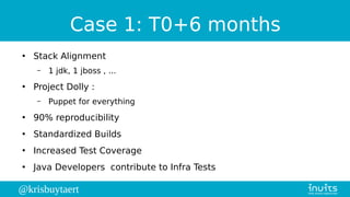 @krisbuytaert
Case 1: T0+6 months
●
Stack Alignment
– 1 jdk, 1 jboss , ...
●
Project Dolly :
– Puppet for everything
●
90% reproducibility
●
Standardized Builds
●
Increased Test Coverage
●
Java Developers contribute to Infra Tests
 