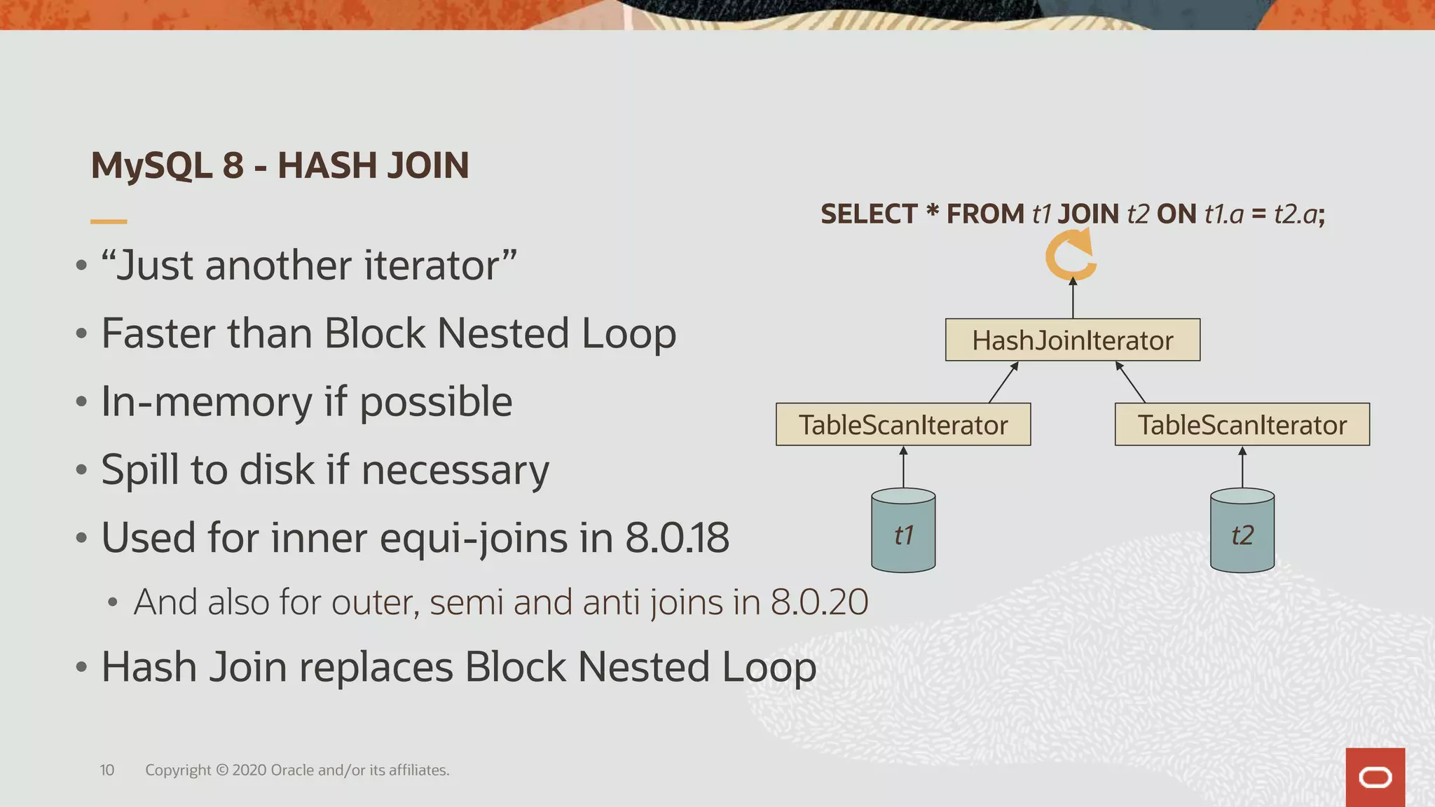MySQL 8 - HASH JOIN
Copyright © 2020 Oracle and/or its affiliates.
• “Just another iterator”
• Faster than Block Nested Loop
• In-memory if possible
• Spill to disk if necessary
• Used for inner equi-joins in 8.0.18
• And also for outer, semi and anti joins in 8.0.20
• Hash Join replaces Block Nested Loop
10
HashJoinIterator
TableScanIterator TableScanIterator
SELECT * FROM t1 JOIN t2 ON t1.a = t2.a;
t1 t2
 