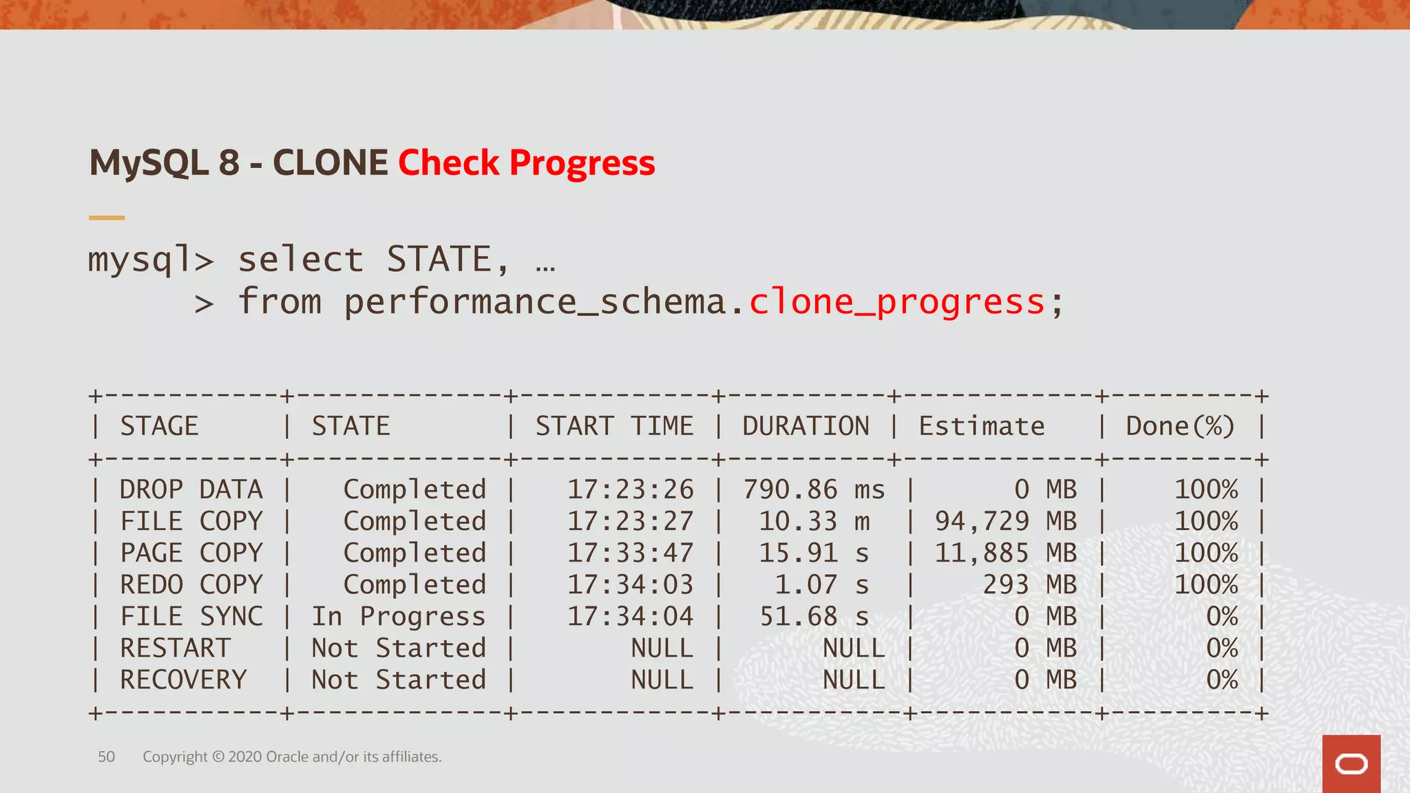 MySQL 8 - CLONE Check Progress
Copyright © 2020 Oracle and/or its affiliates.50
mysql> select STATE, …
> from performance_schema.clone_progress;
+-----------+-------------+------------+----------+------------+---------+
| STAGE | STATE | START TIME | DURATION | Estimate | Done(%) |
+-----------+-------------+------------+----------+------------+---------+
| DROP DATA | Completed | 17:23:26 | 790.86 ms | 0 MB | 100% |
| FILE COPY | Completed | 17:23:27 | 10.33 m | 94,729 MB | 100% |
| PAGE COPY | Completed | 17:33:47 | 15.91 s | 11,885 MB | 100% |
| REDO COPY | Completed | 17:34:03 | 1.07 s | 293 MB | 100% |
| FILE SYNC | In Progress | 17:34:04 | 51.68 s | 0 MB | 0% |
| RESTART | Not Started | NULL | NULL | 0 MB | 0% |
| RECOVERY | Not Started | NULL | NULL | 0 MB | 0% |
+-----------+-------------+------------+-----------+-----------+---------+
 