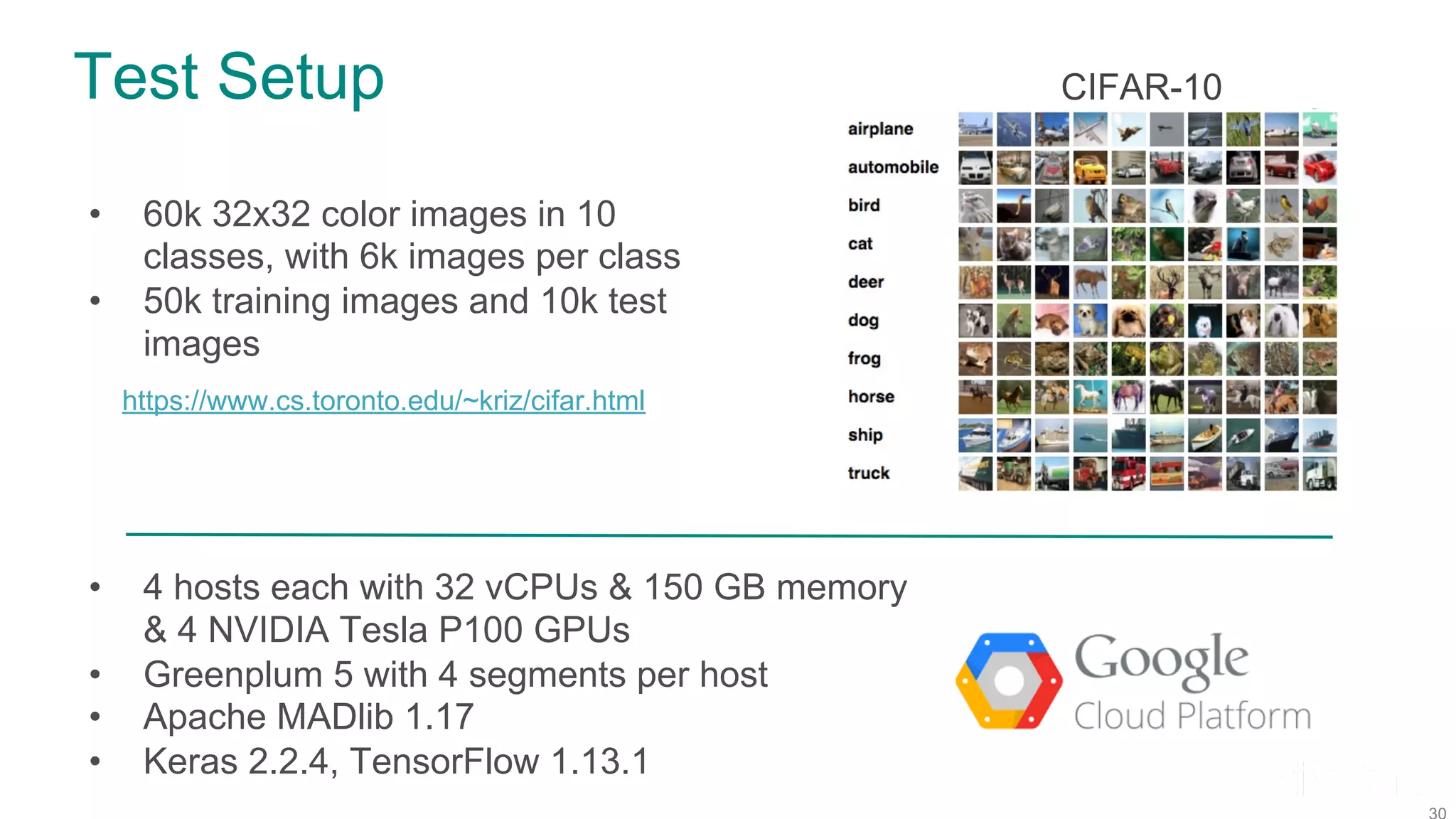Test Setup • 60k 32x32 color images in 10 classes, with 6k images per class • 50k training images and 10k test images https://www.cs.toronto.edu/~kriz/cifar.html • 4 hosts each with 32 vCPUs & 150 GB memory & 4 NVIDIA Tesla P100 GPUs • Greenplum 5 with 4 segments per host • Apache MADlib 1.17 • Keras 2.2.4, TensorFlow 1.13.1 CIFAR-10 