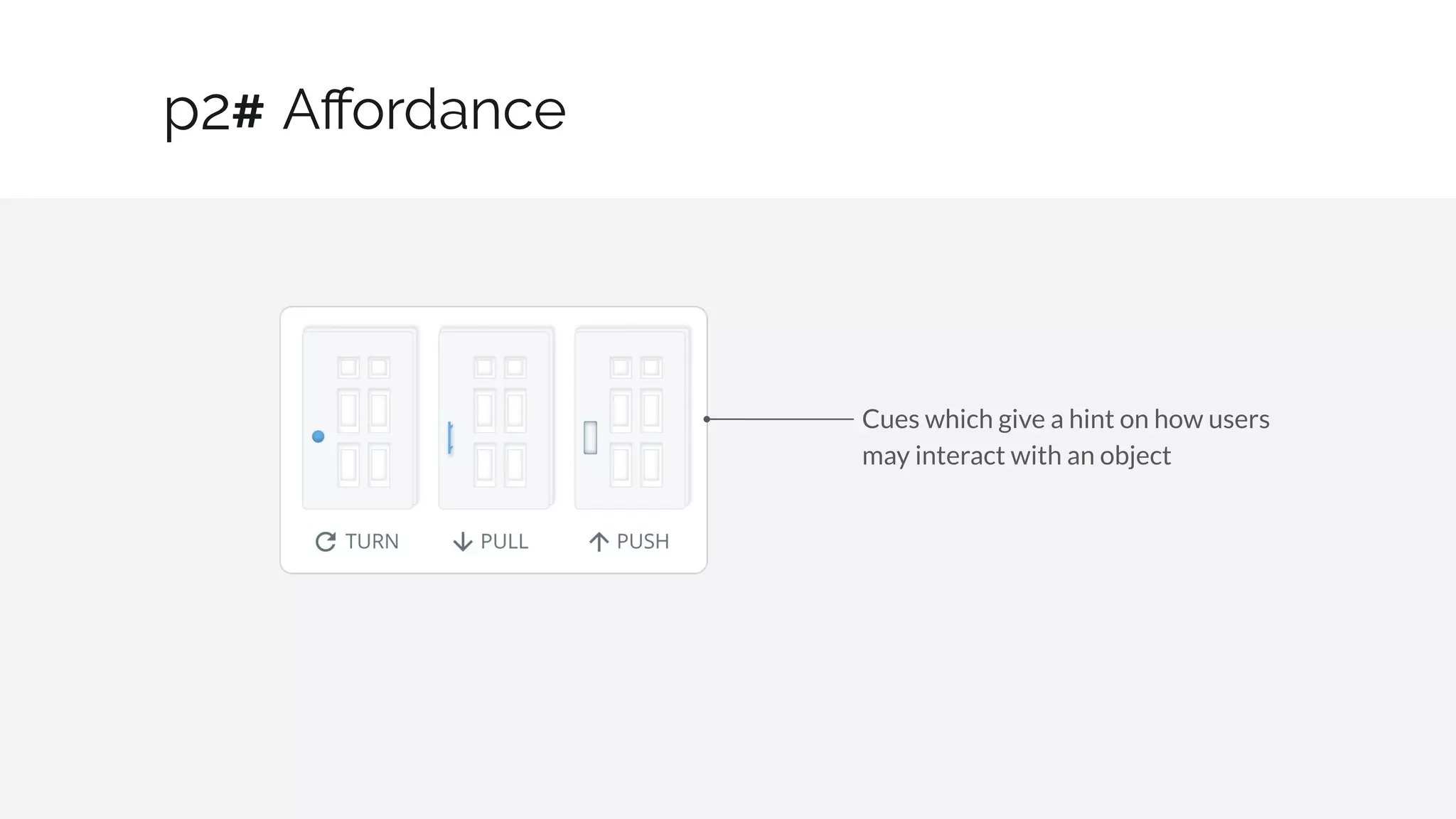 Aﬀordance
11 / 30
p2#
Cues which give a hint on how users
may interact with an object
 