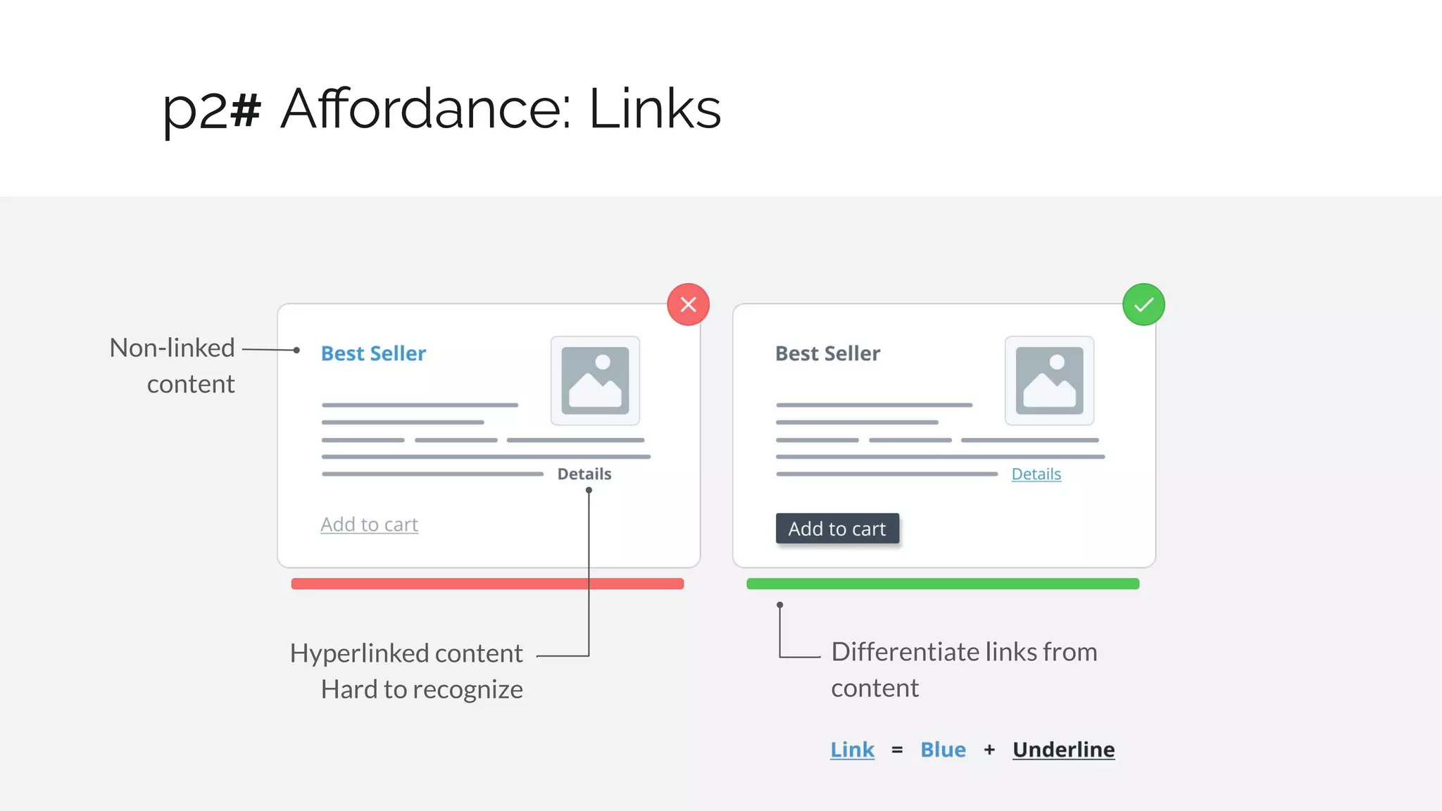 Aﬀordance: Links
12 / 30
Differentiate links from
content
Non-linked
content
Hyperlinked content
Hard to recognize
p2#
 