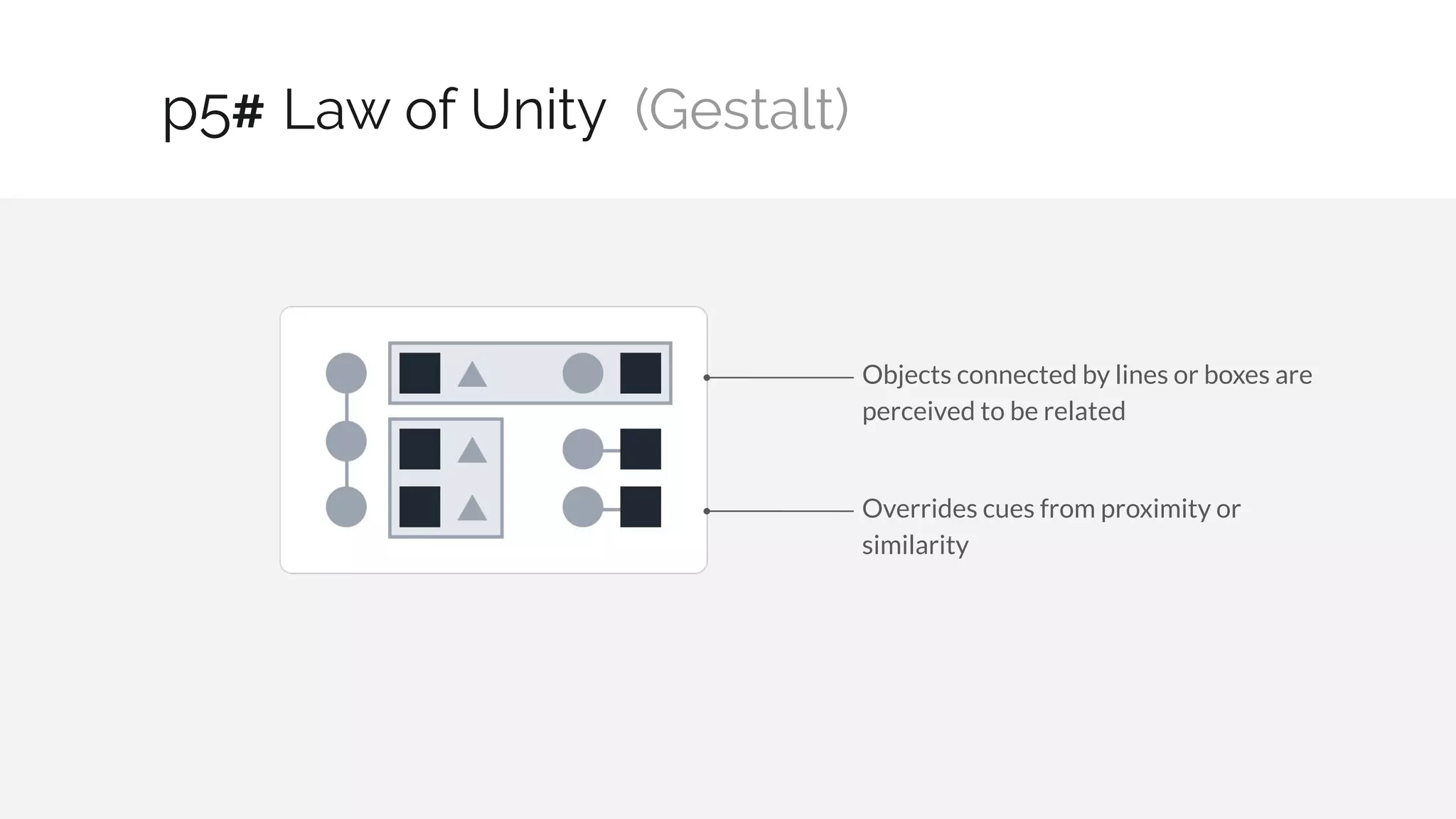 Law of Unity (Gestalt)
17 / 30
p5#
Objects connected by lines or boxes are
perceived to be related
Overrides cues from proximity or
similarity
 