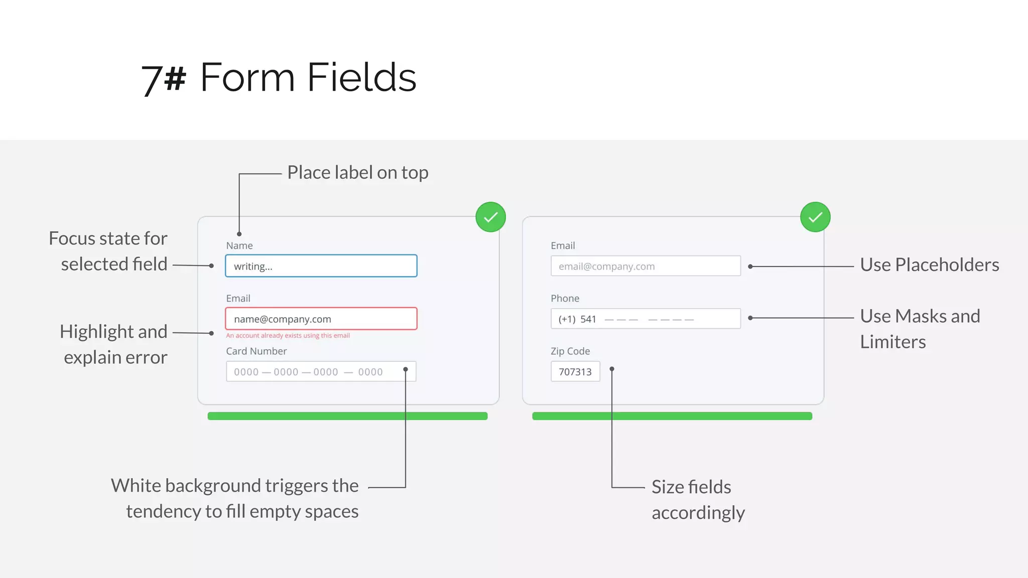 Form Fields
23 / 30
Size ﬁelds
accordingly
Use Placeholders
Use Masks and
Limiters
Focus state for
selected ﬁeld
Highlight and
explain error
White background triggers the
tendency to ﬁll empty spaces
Place label on top
7#
 