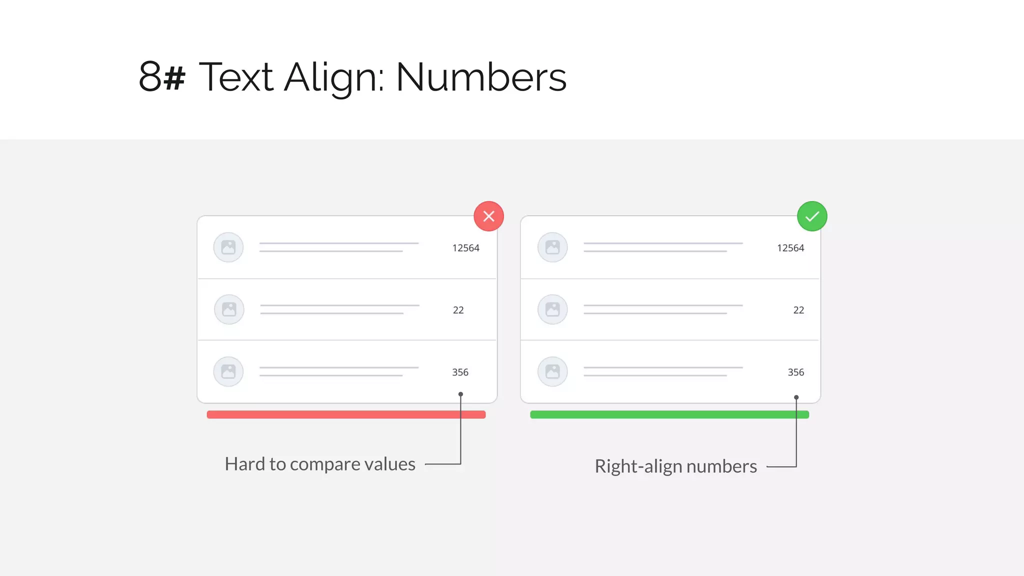 Text Align: Numbers
24 / 30
Hard to compare values Right-align numbers
8#
 