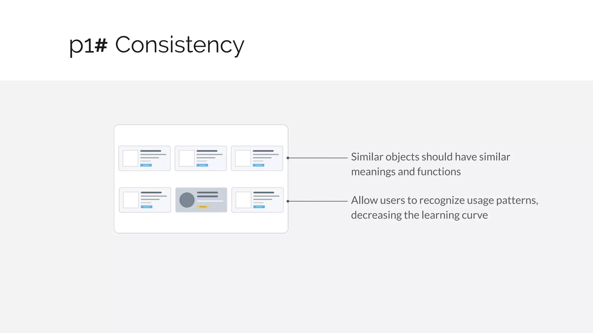 Consistency
3 / 30
p1#
Similar objects should have similar
meanings and functions
Allow users to recognize usage patterns,
decreasing the learning curve
 