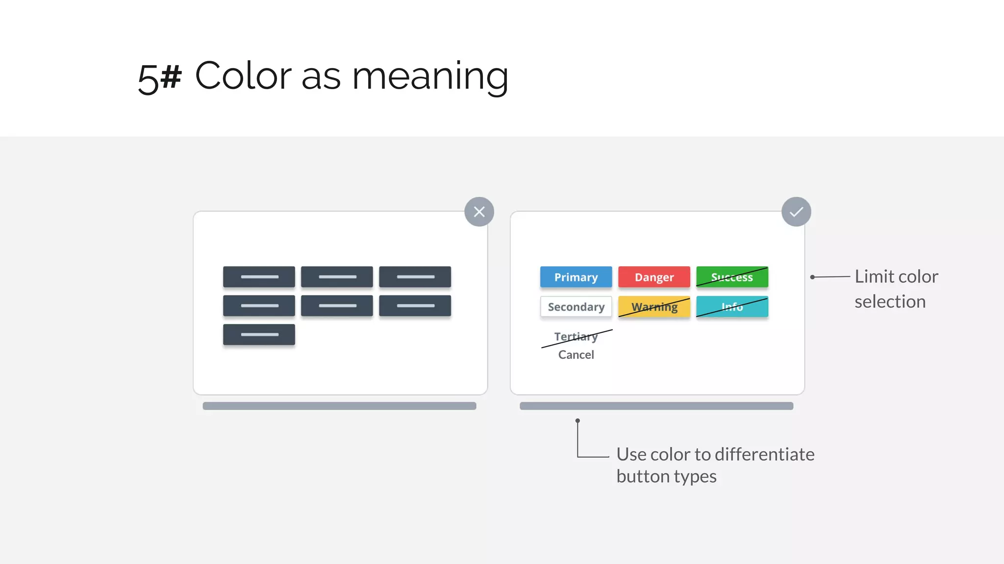 Color as meaning
9 / 30
5#
Use color to differentiate
button types
Limit color
selection
Cancel
 