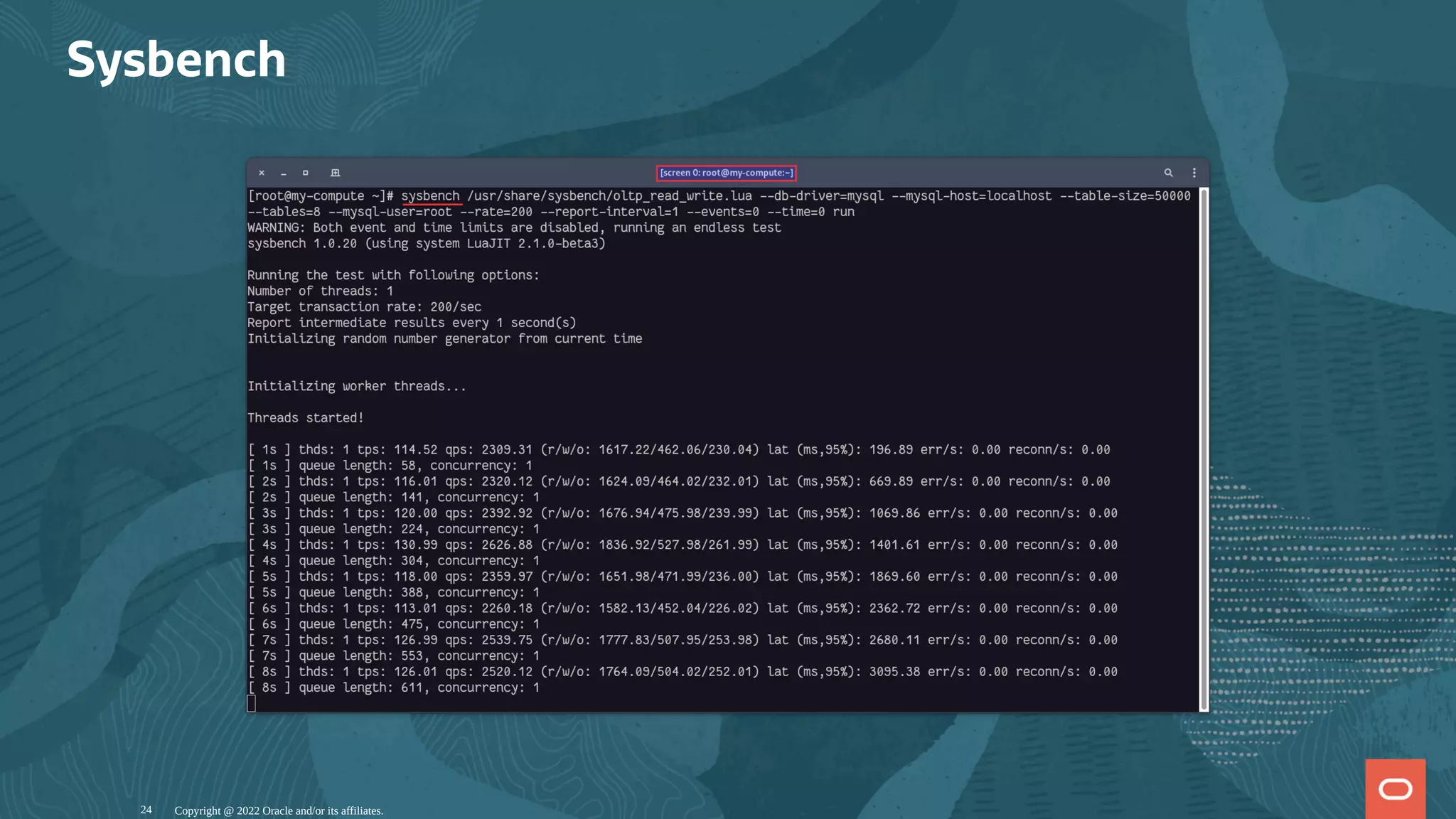 Sysbench
Copyright @ 2022 Oracle and/or its affiliates.
24
 